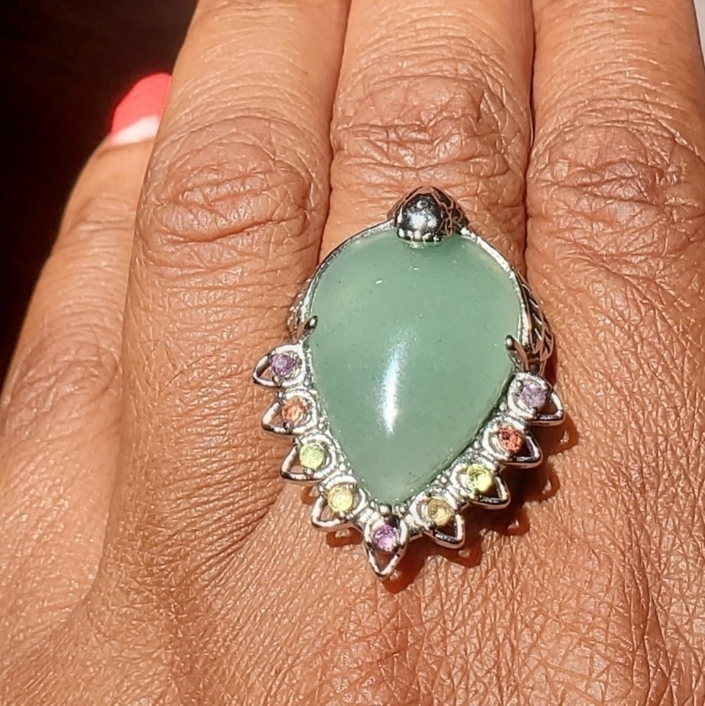 Green Aventurine Peacock Ring Stainless Steel Multigemstone